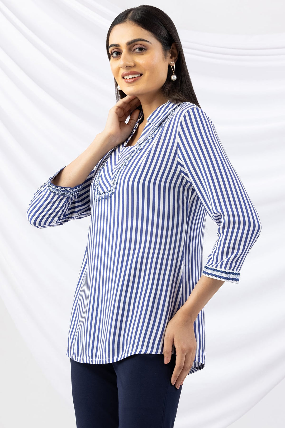 Blue Striped Viscose Slub Top with Collar and 3/4th Sleeves