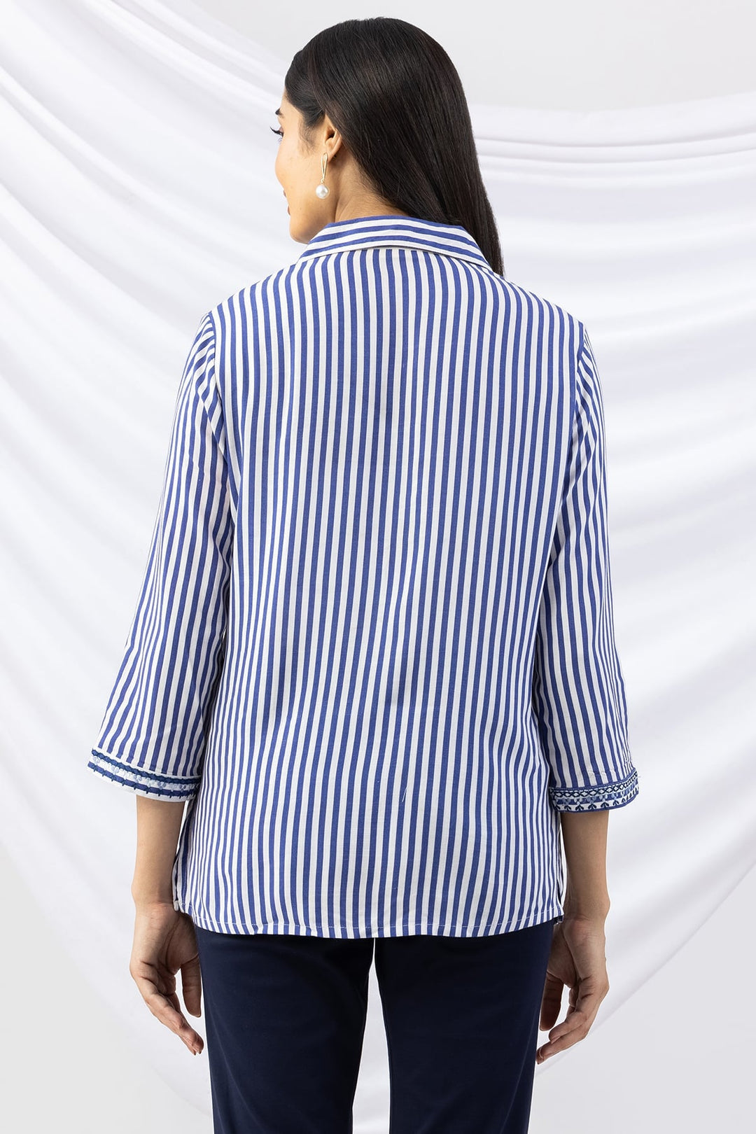 Blue Striped Viscose Slub Top with Collar and 3/4th Sleeves