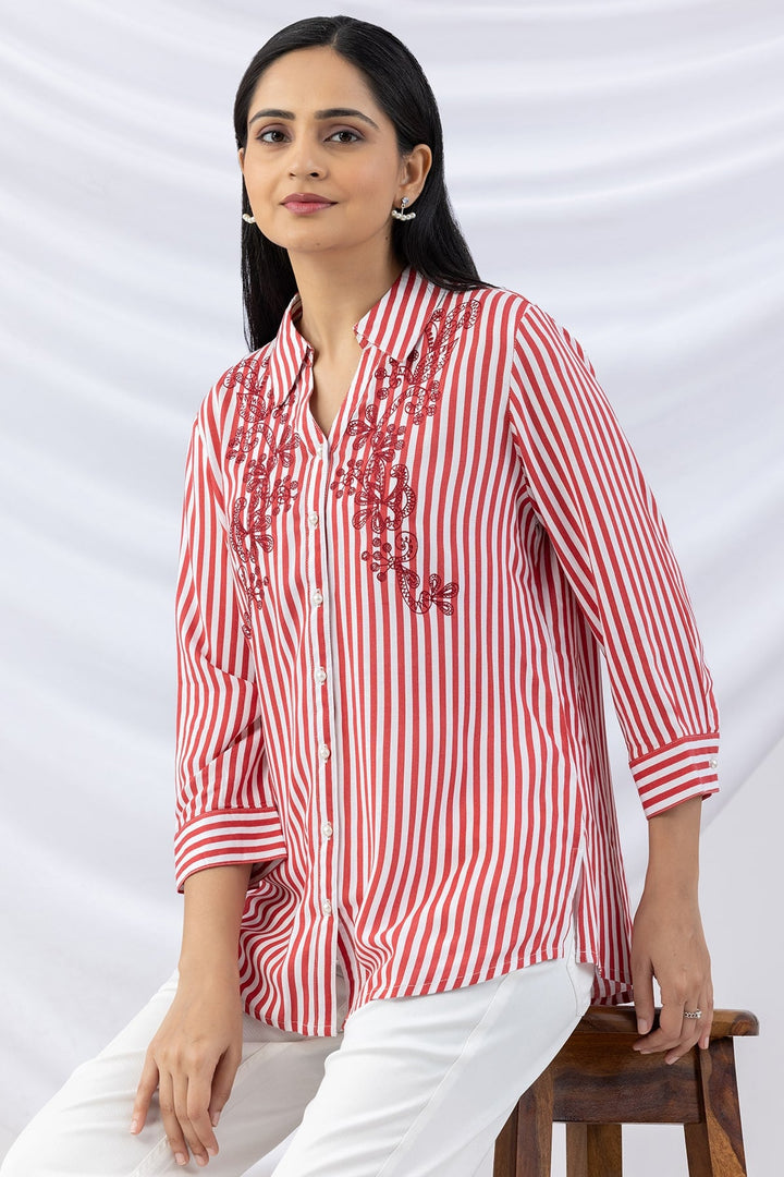 Red Embroidered Viscose Slub Stripe Shirt with Collar &amp; 3/4 Sleeves