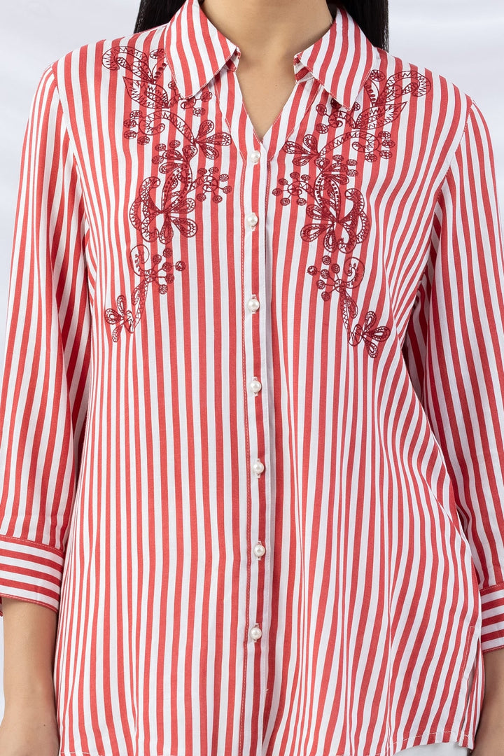 Red Embroidered Viscose Slub Stripe Shirt with Collar &amp; 3/4 Sleeves