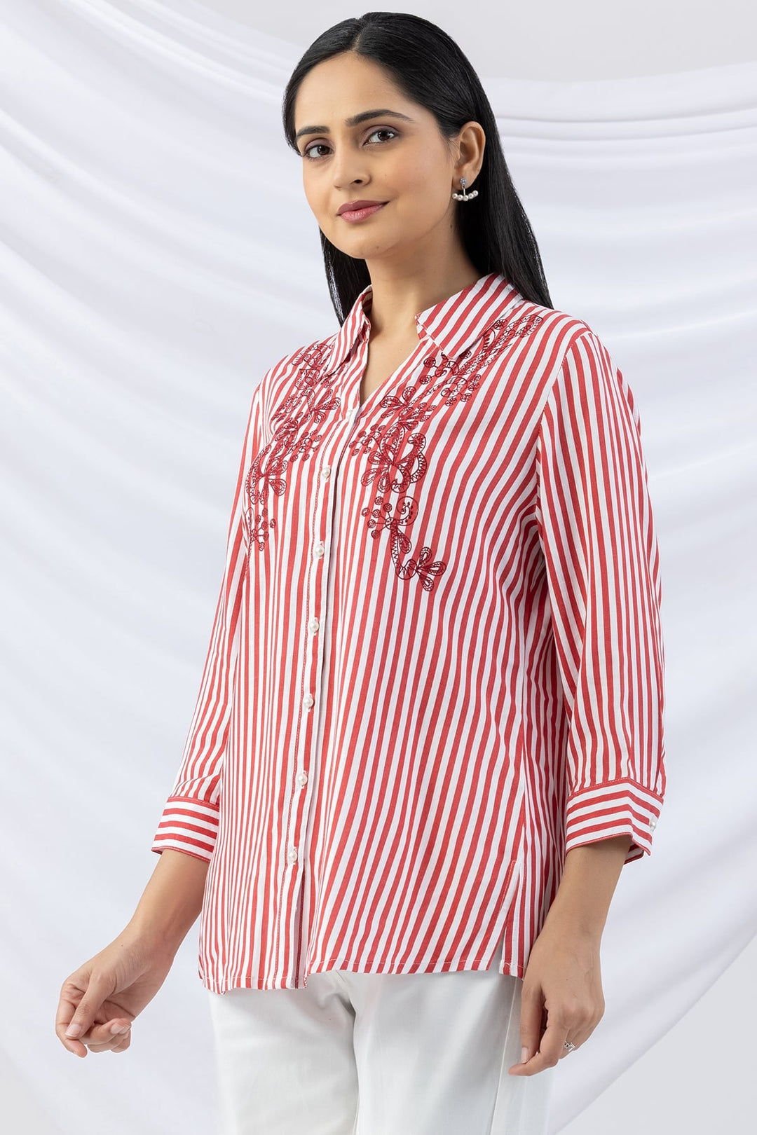 Red Embroidered Viscose Slub Stripe Shirt with Collar &amp; 3/4 Sleeves