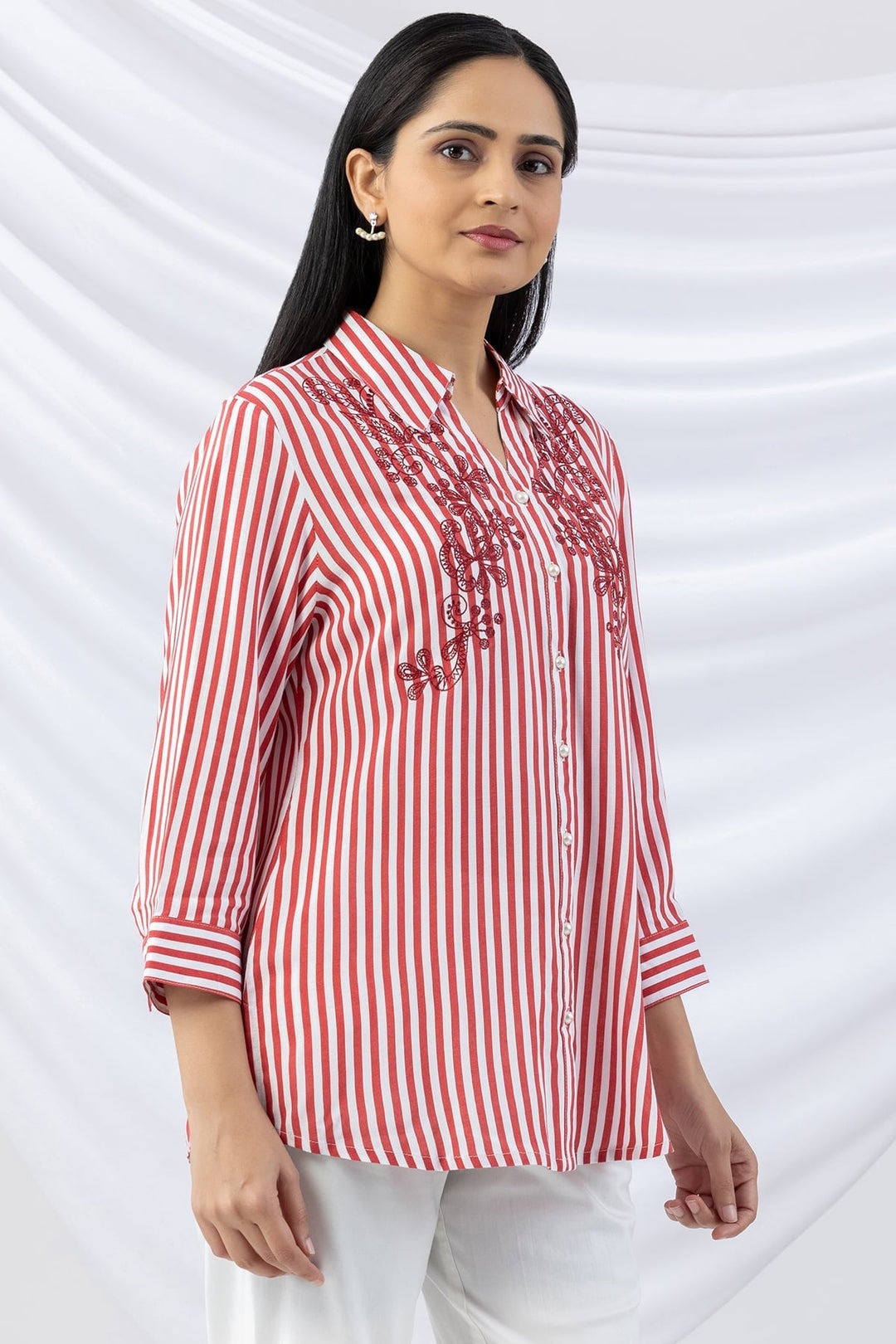 Red Embroidered Viscose Slub Stripe Shirt with Collar &amp; 3/4 Sleeves