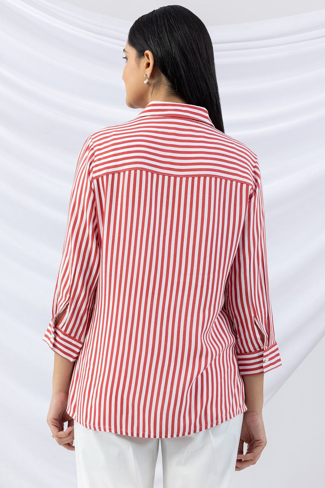 Red Embroidered Viscose Slub Stripe Shirt with Collar &amp; 3/4 Sleeves