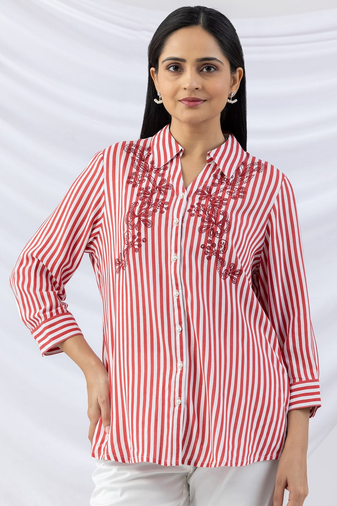 Red Embroidered Viscose Slub Stripe Shirt with Collar &amp; 3/4 Sleeves