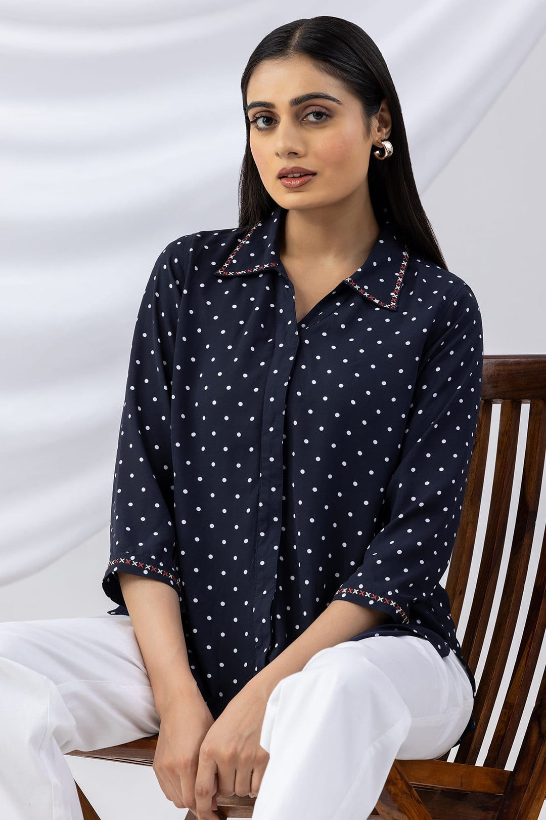 Navy Embroidered Shirt with Collar and 3/4th Sleeves