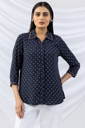 Navy Embroidered Shirt with Collar and 3/4th Sleeves