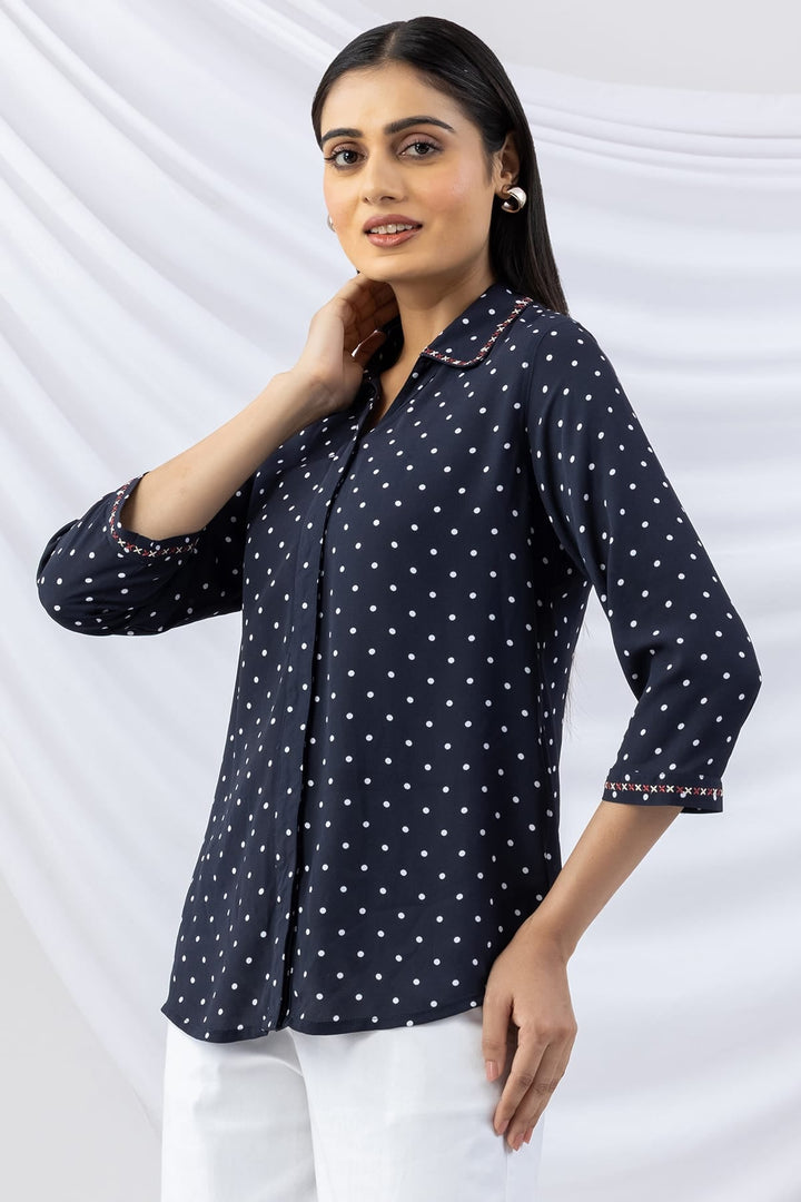 Navy Embroidered Shirt with Collar and 3/4th Sleeves