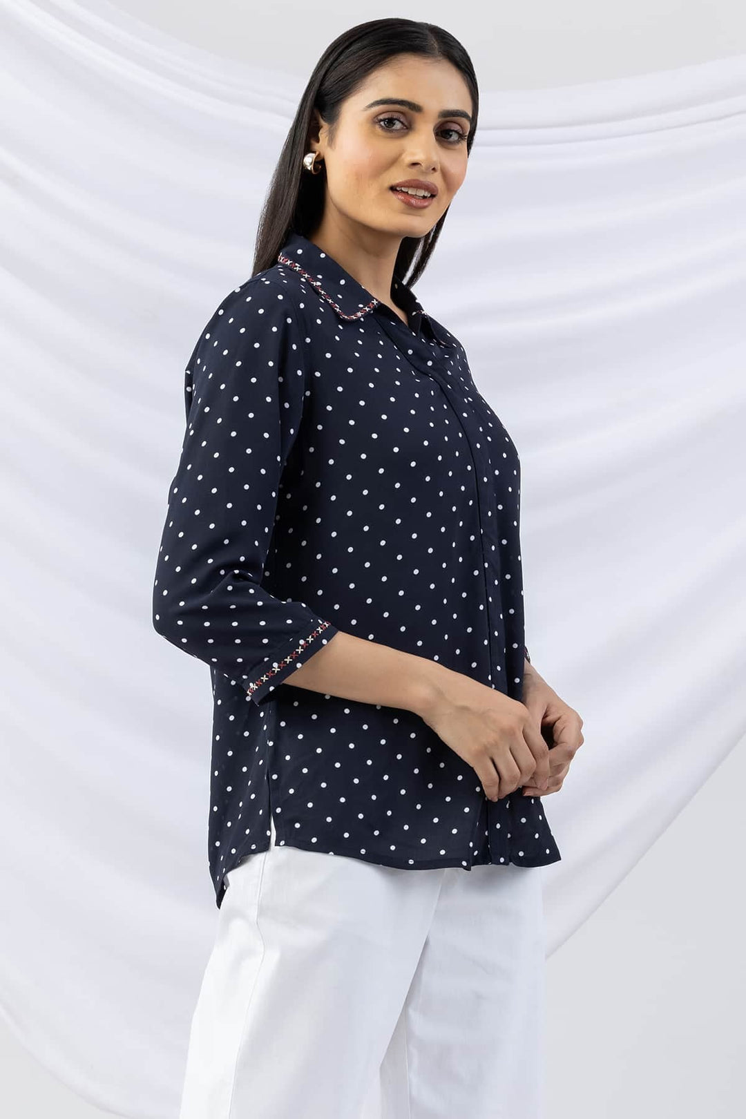 Navy Embroidered Shirt with Collar and 3/4th Sleeves