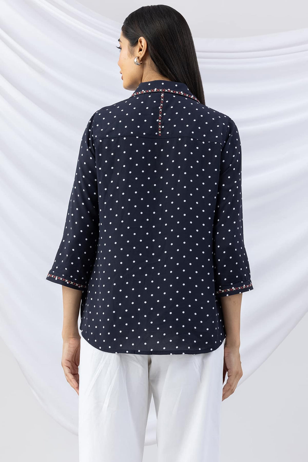 Navy Embroidered Shirt with Collar and 3/4th Sleeves