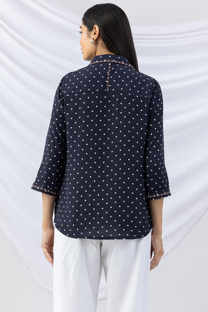 Navy Embroidered Shirt with Collar and 3/4th Sleeves