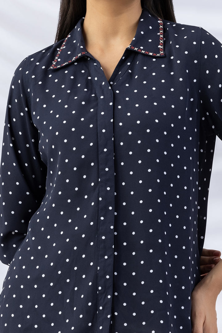 Navy Embroidered Shirt with Collar and 3/4th Sleeves