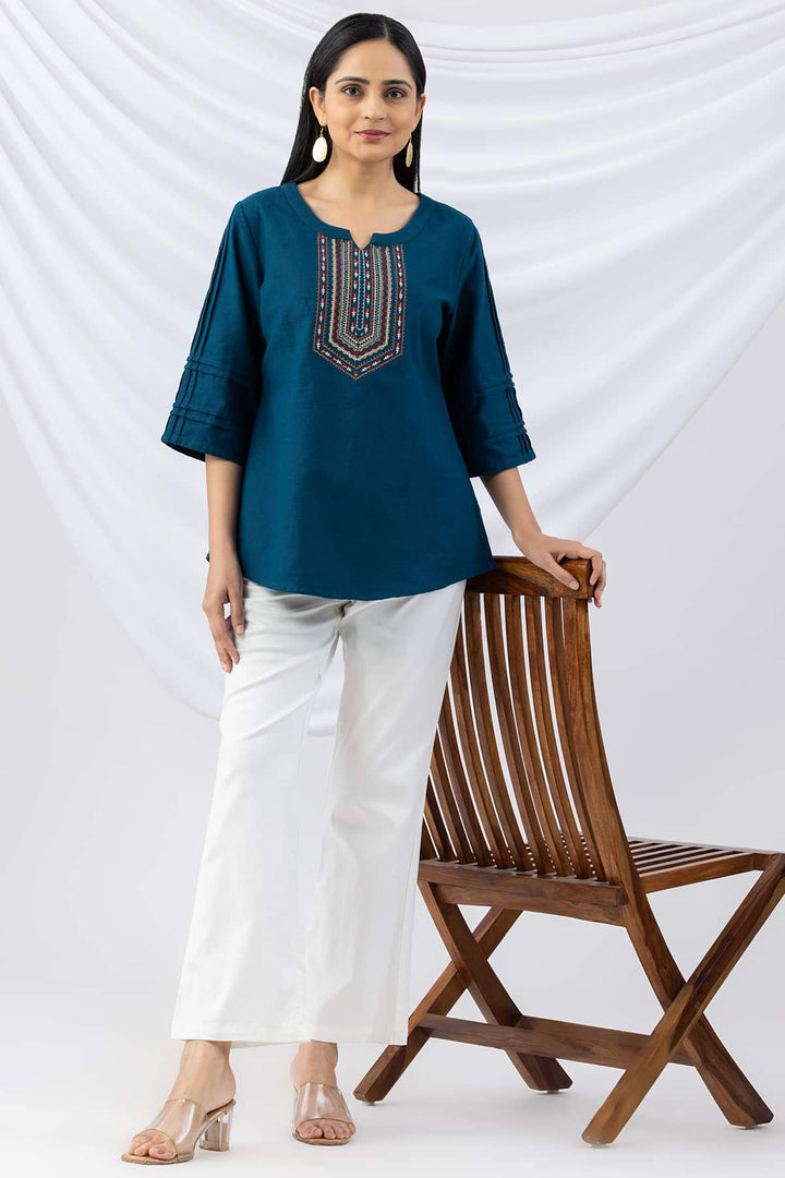 Teal Embroidered Viscose Cotton Slub Top with Round Neck &amp; 3/4 Sleeves
