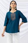 Teal Embroidered Viscose Cotton Slub Top with Round Neck & 3/4 Sleeves
