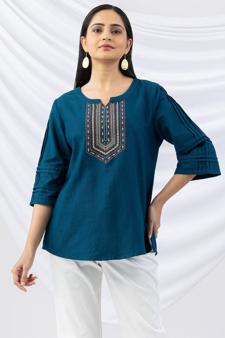 Teal Embroidered Viscose Cotton Slub Top with Round Neck &amp; 3/4 Sleeves