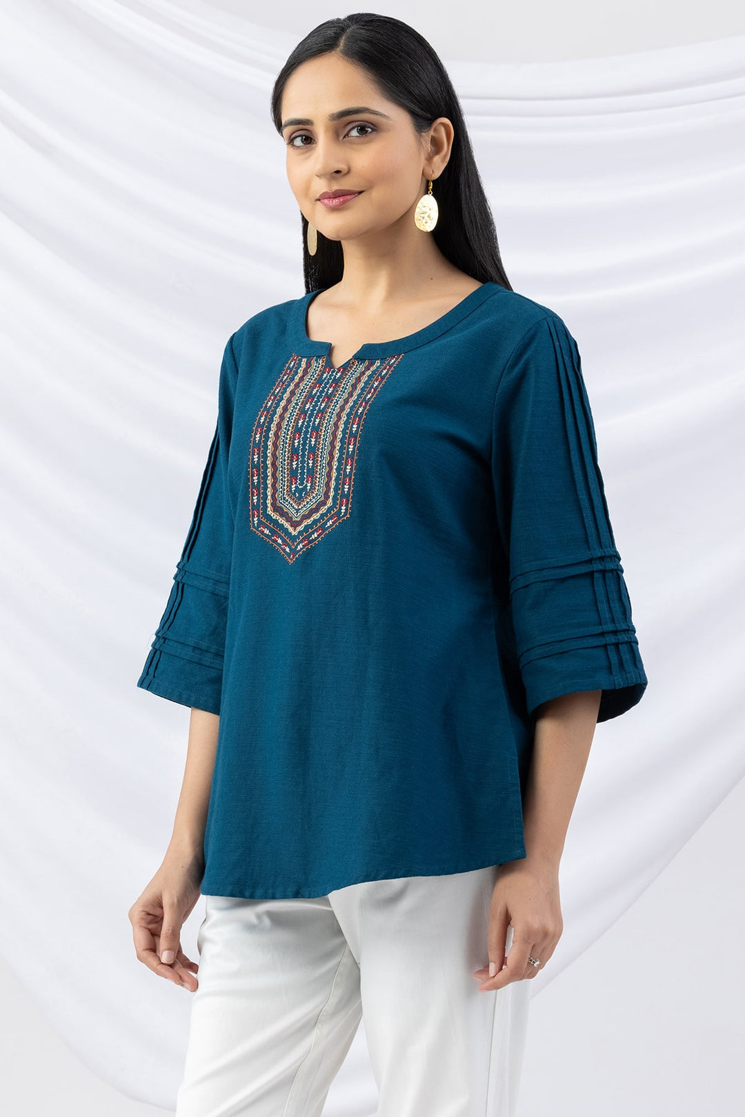 Teal Embroidered Viscose Cotton Slub Top with Round Neck &amp; 3/4 Sleeves