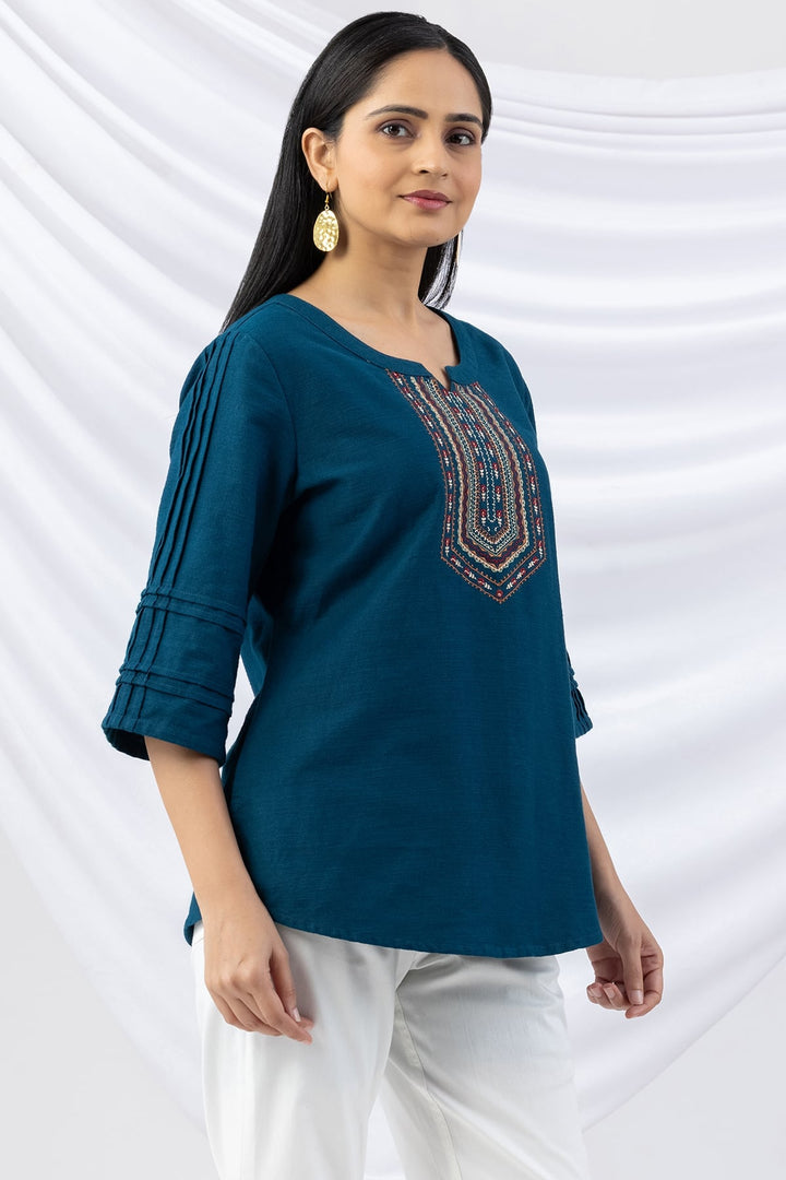 Teal Embroidered Viscose Cotton Slub Top with Round Neck &amp; 3/4 Sleeves