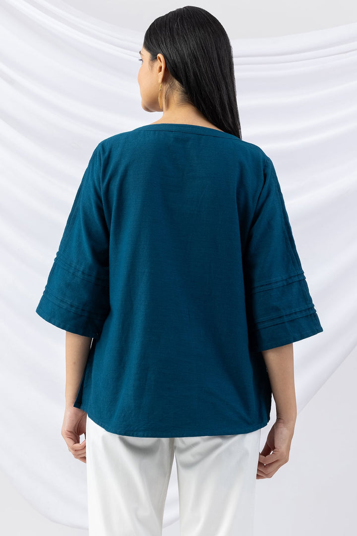 Teal Embroidered Viscose Cotton Slub Top with Round Neck &amp; 3/4 Sleeves