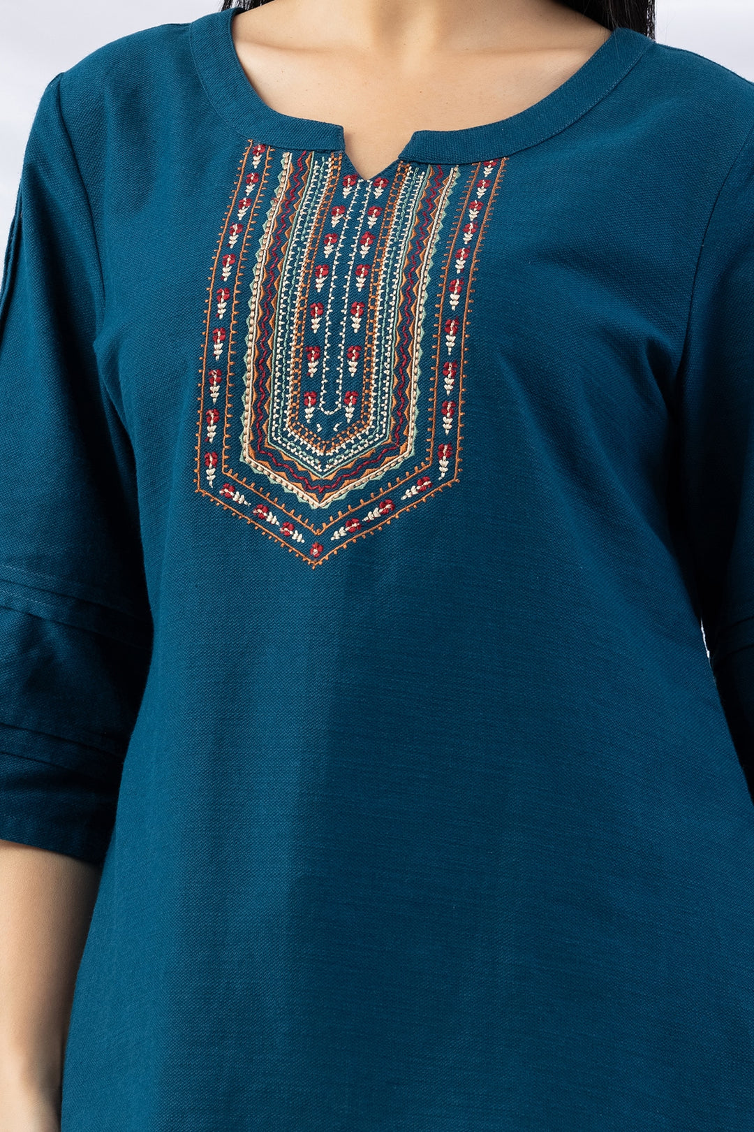 Teal Embroidered Viscose Cotton Slub Top with Round Neck &amp; 3/4 Sleeves