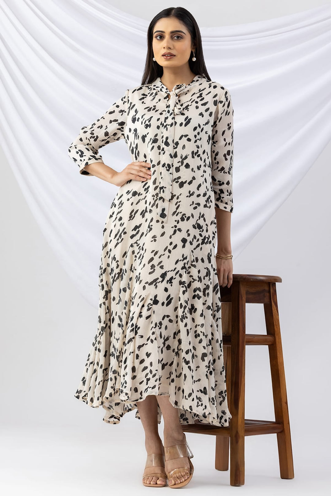Off White Printed Dress with String Tie Neck &amp; 3/4 Sleeves