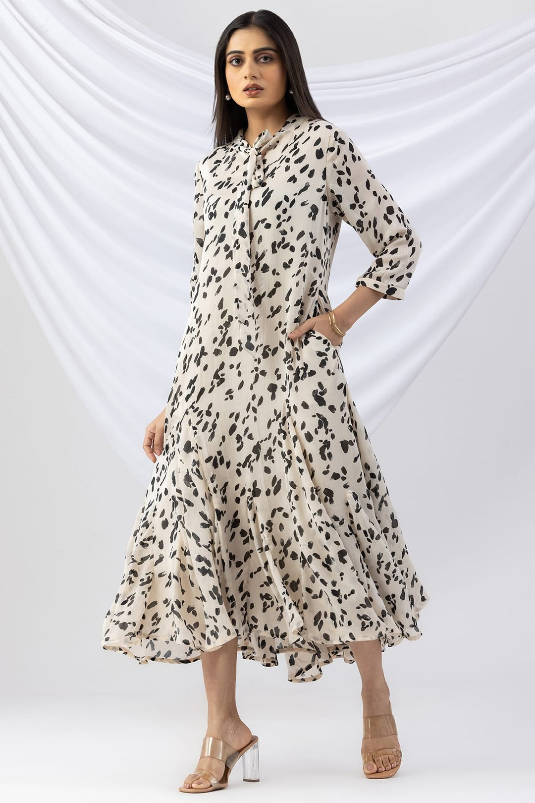 Off White Printed Dress with String Tie Neck &amp; 3/4 Sleeves