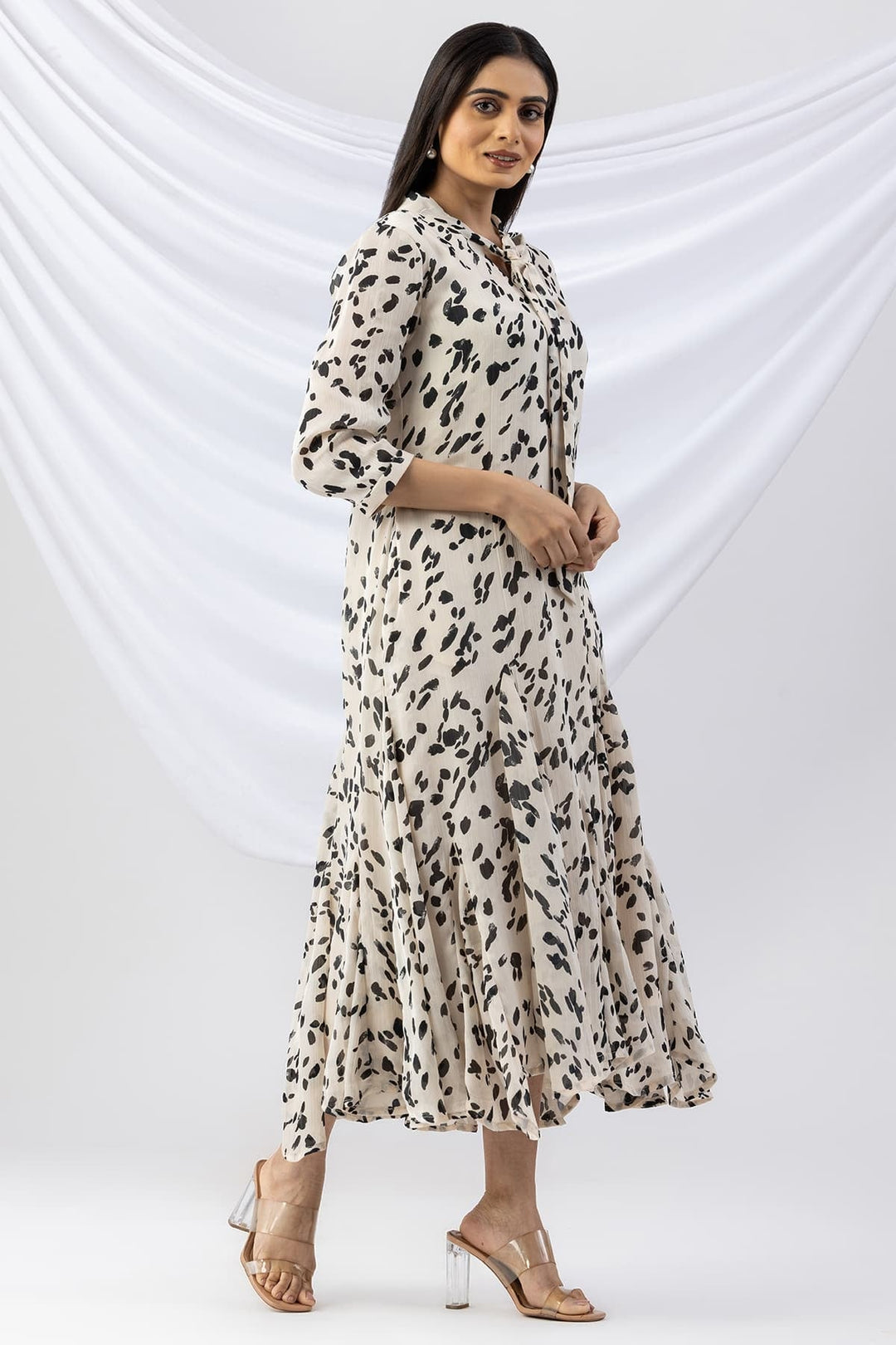 Off White Printed Dress with String Tie Neck &amp; 3/4 Sleeves