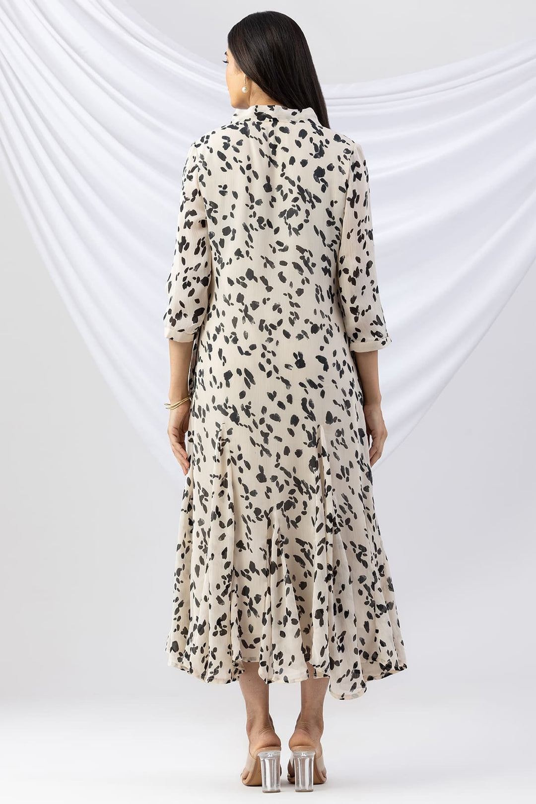 Off White Printed Dress with String Tie Neck &amp; 3/4 Sleeves