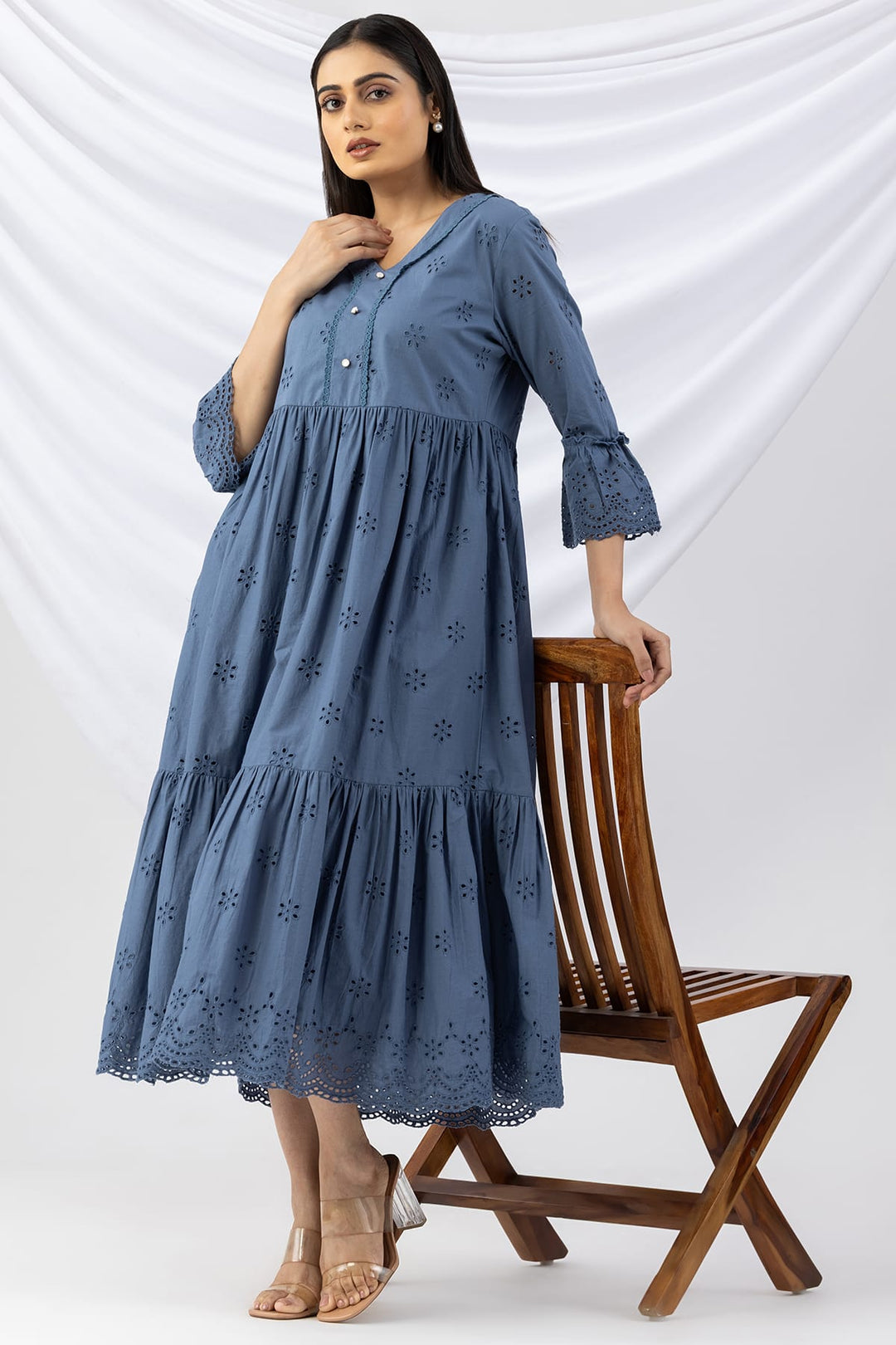 Blue Schiffli Dress with V Neck &amp; Flared Sleeves