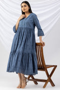 Blue Schiffli Dress with V Neck & Flared Sleeves