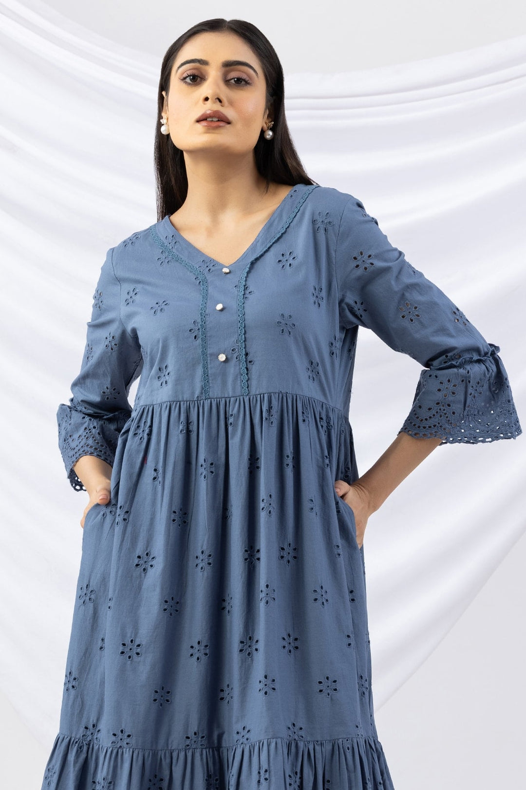 Blue Schiffli Dress with V Neck &amp; Flared Sleeves