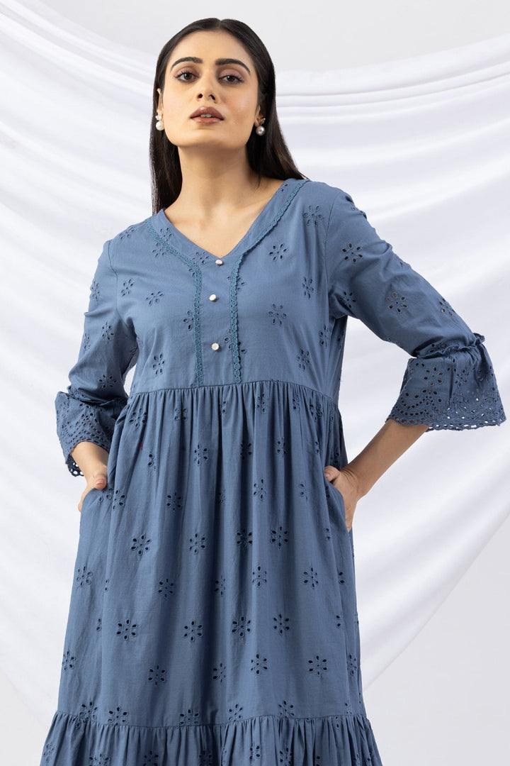 Blue Schiffli Dress with V Neck &amp; Flared Sleeves