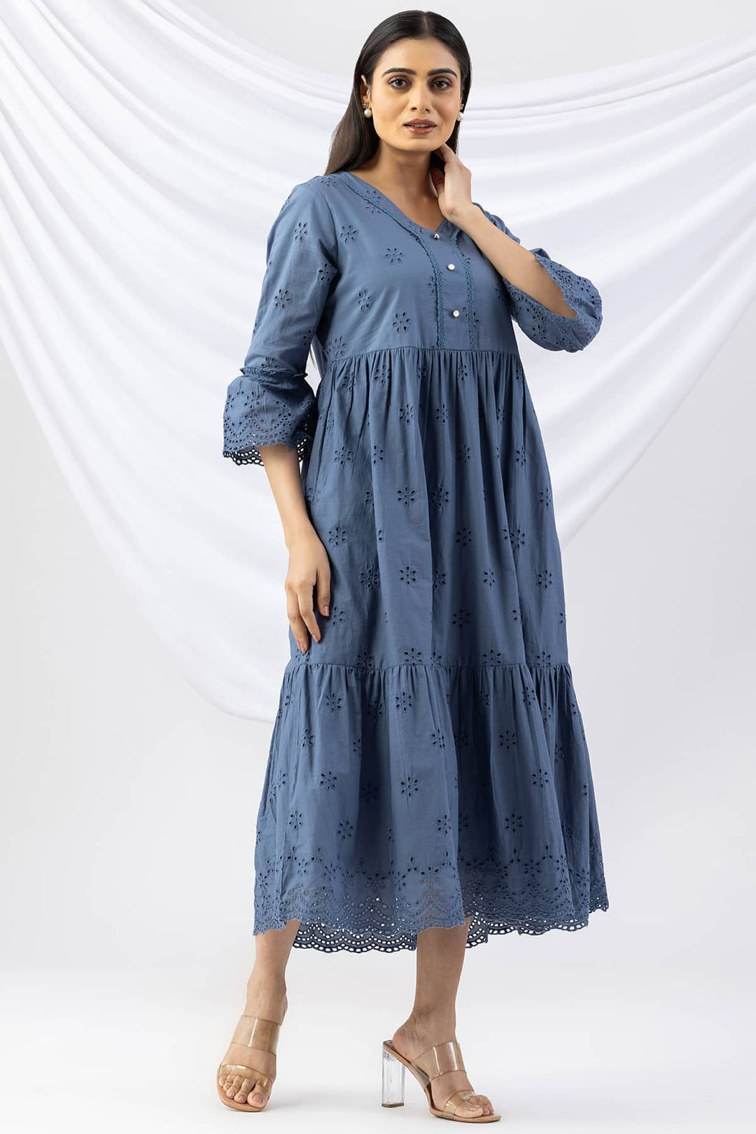 Blue Schiffli Dress with V Neck &amp; Flared Sleeves