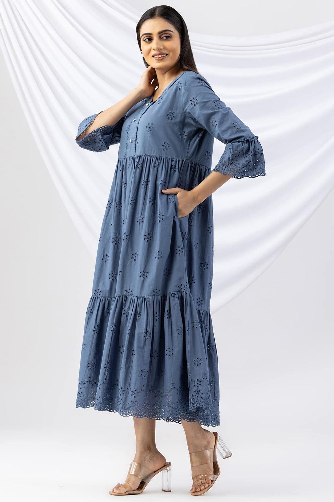 Blue Schiffli Dress with V Neck &amp; Flared Sleeves
