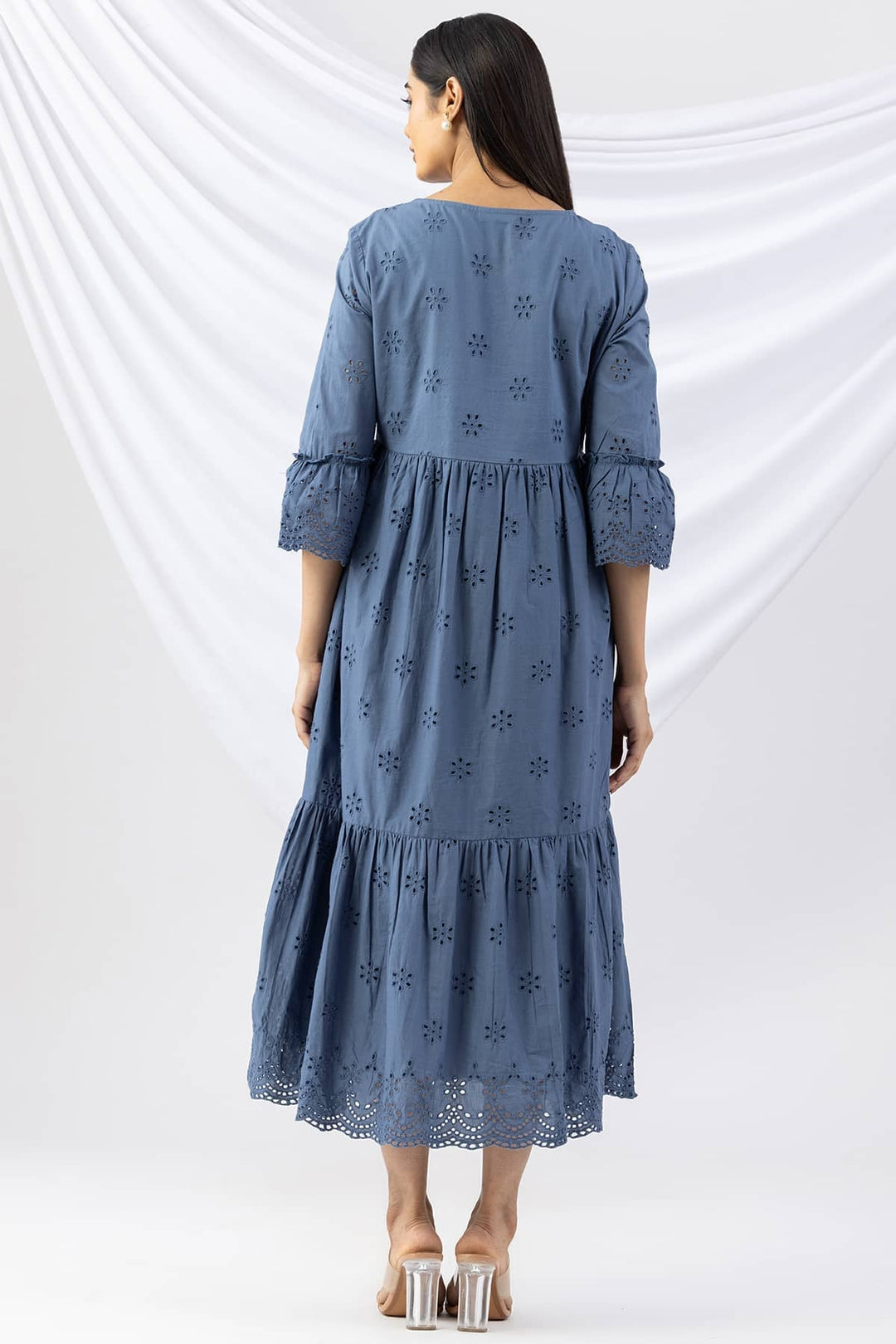 Blue Schiffli Dress with V Neck &amp; Flared Sleeves