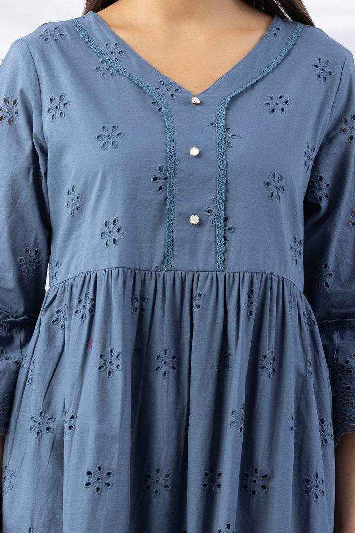 Blue Schiffli Dress with V Neck &amp; Flared Sleeves