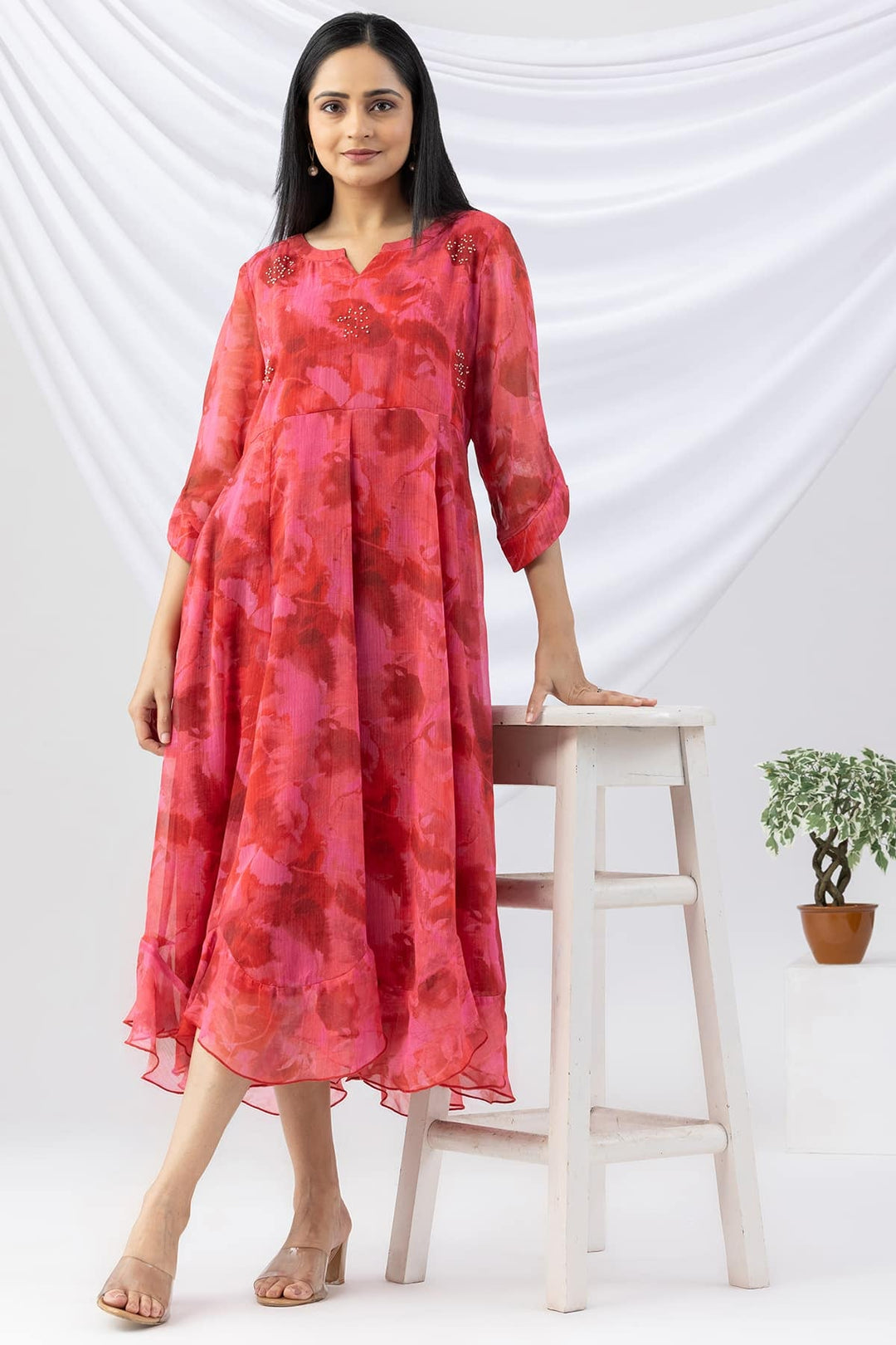 Red Printed Chiffon Dress with Round Neck &amp; 3/4 Sleeves