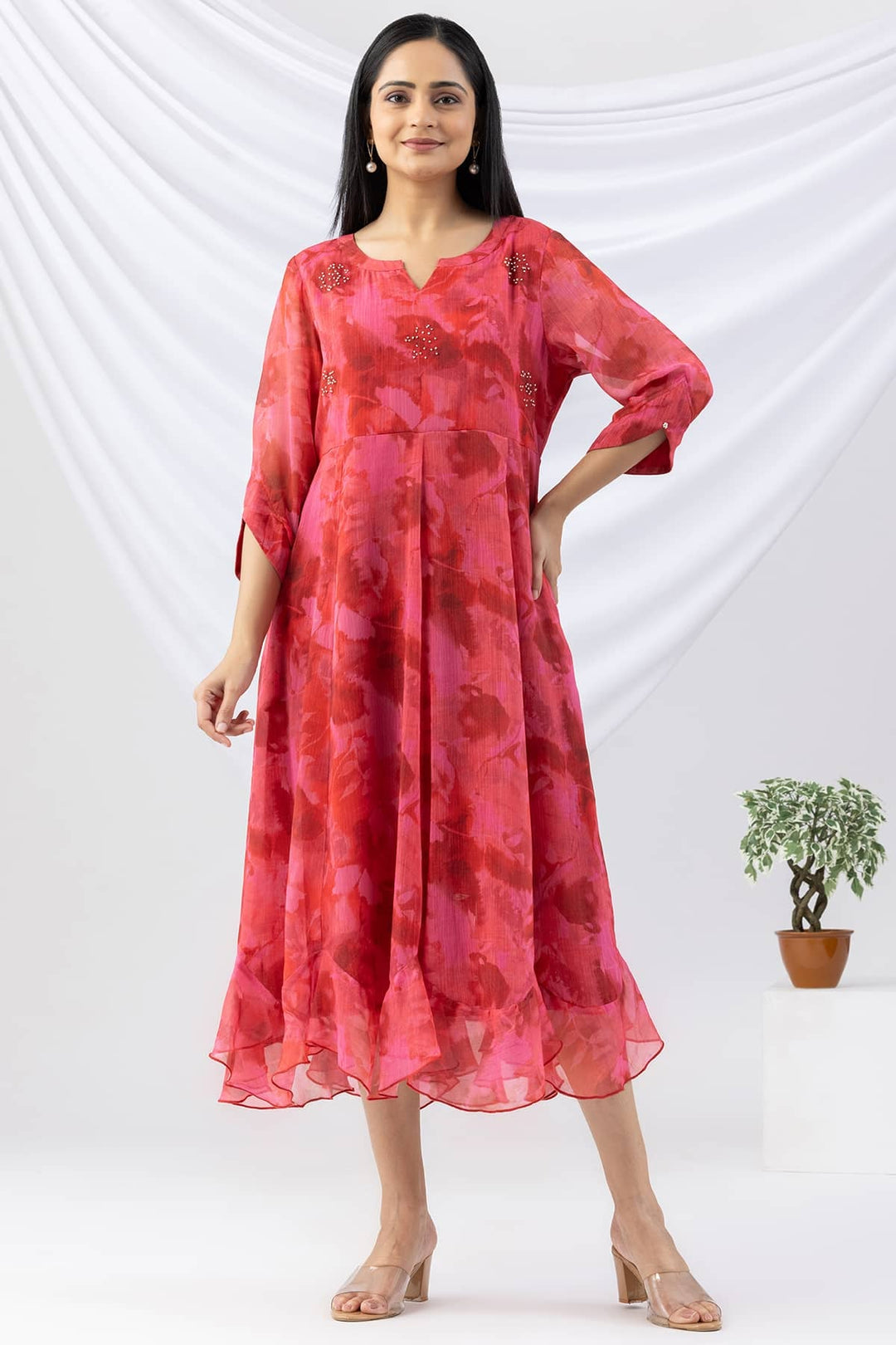 Red Printed Chiffon Dress with Round Neck &amp; 3/4 Sleeves