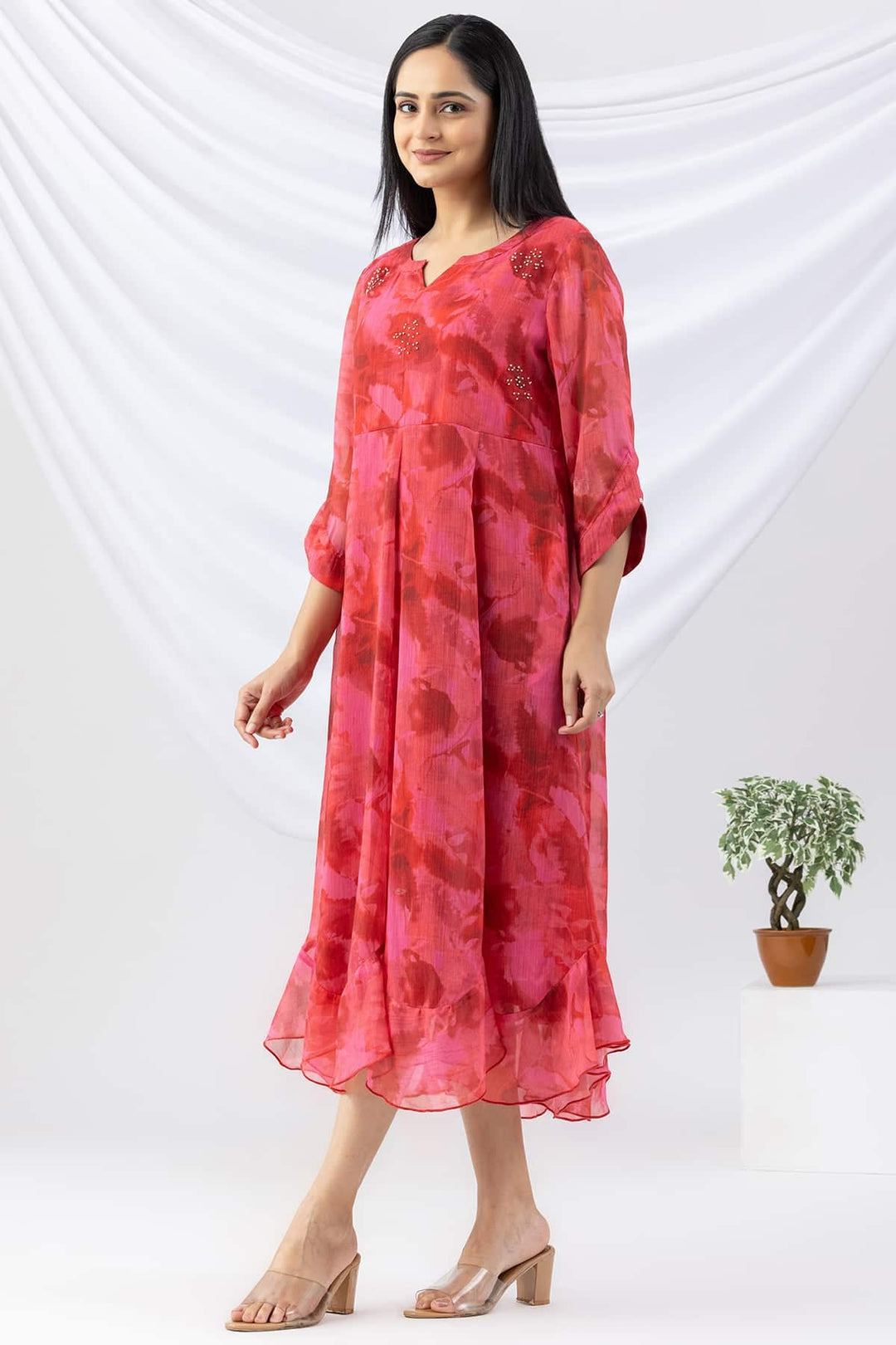 Red Printed Chiffon Dress with Round Neck &amp; 3/4 Sleeves