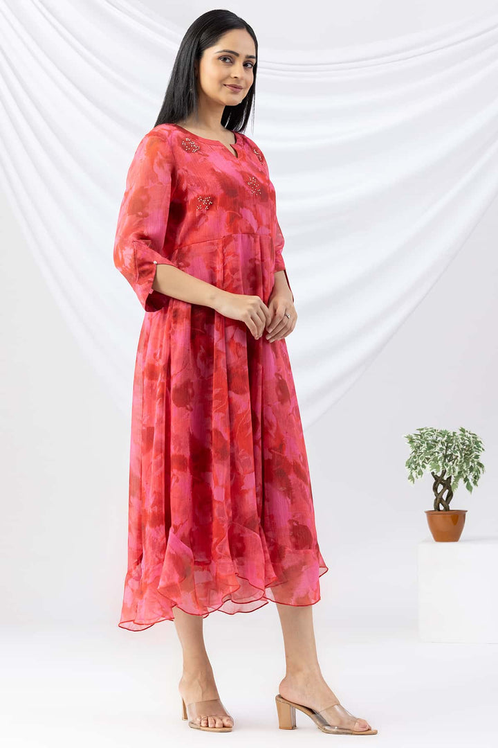 Red Printed Chiffon Dress with Round Neck &amp; 3/4 Sleeves