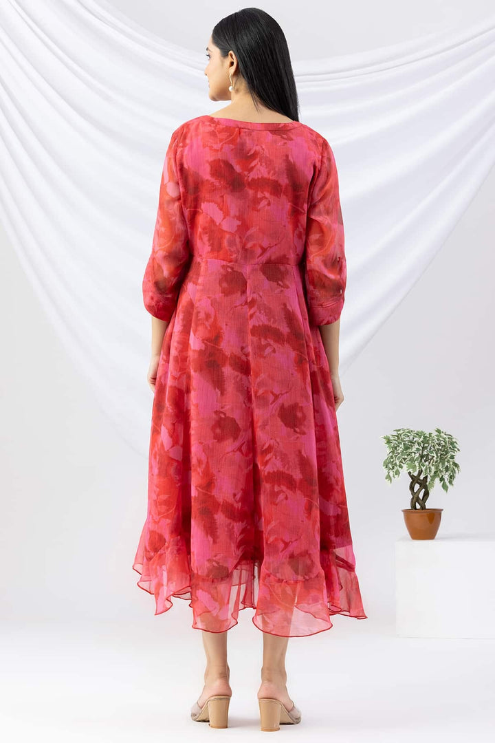Red Printed Chiffon Dress with Round Neck &amp; 3/4 Sleeves