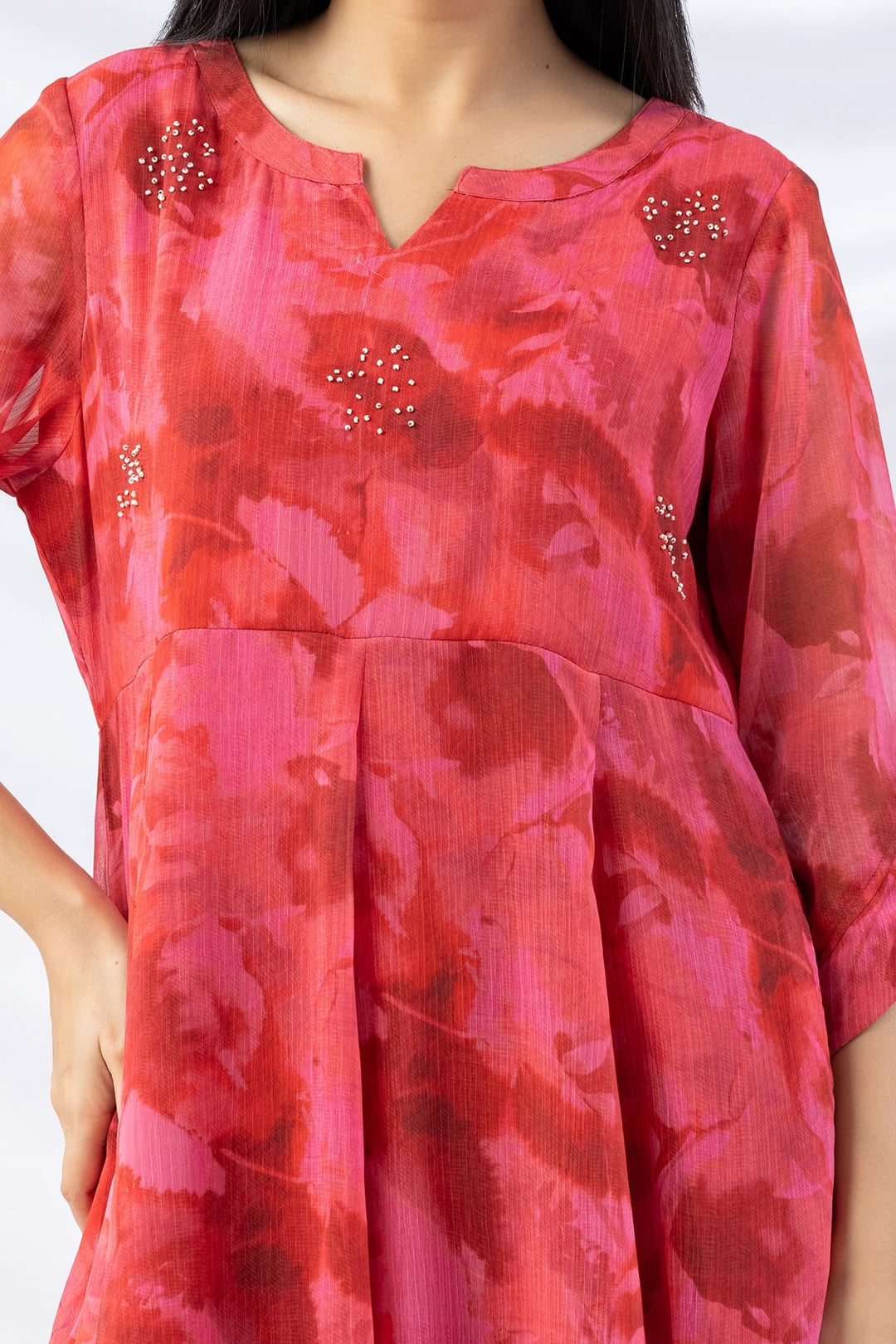 Red Printed Chiffon Dress with Round Neck &amp; 3/4 Sleeves