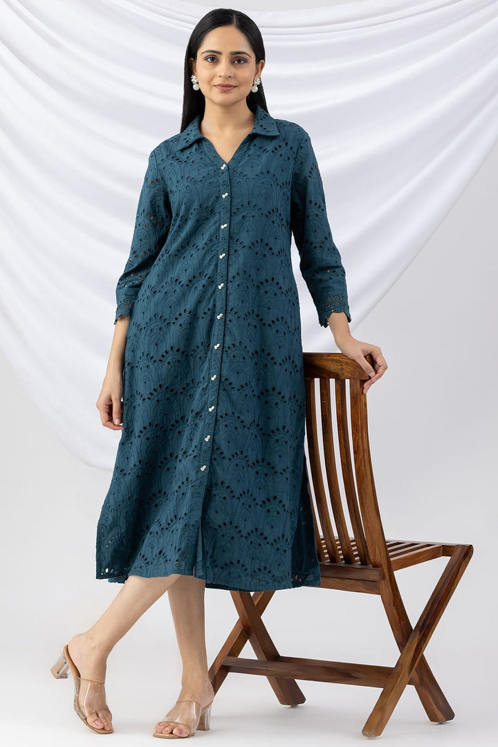Teal Cotton Schiffli Dress with Collar &amp; 3/4th Sleeves