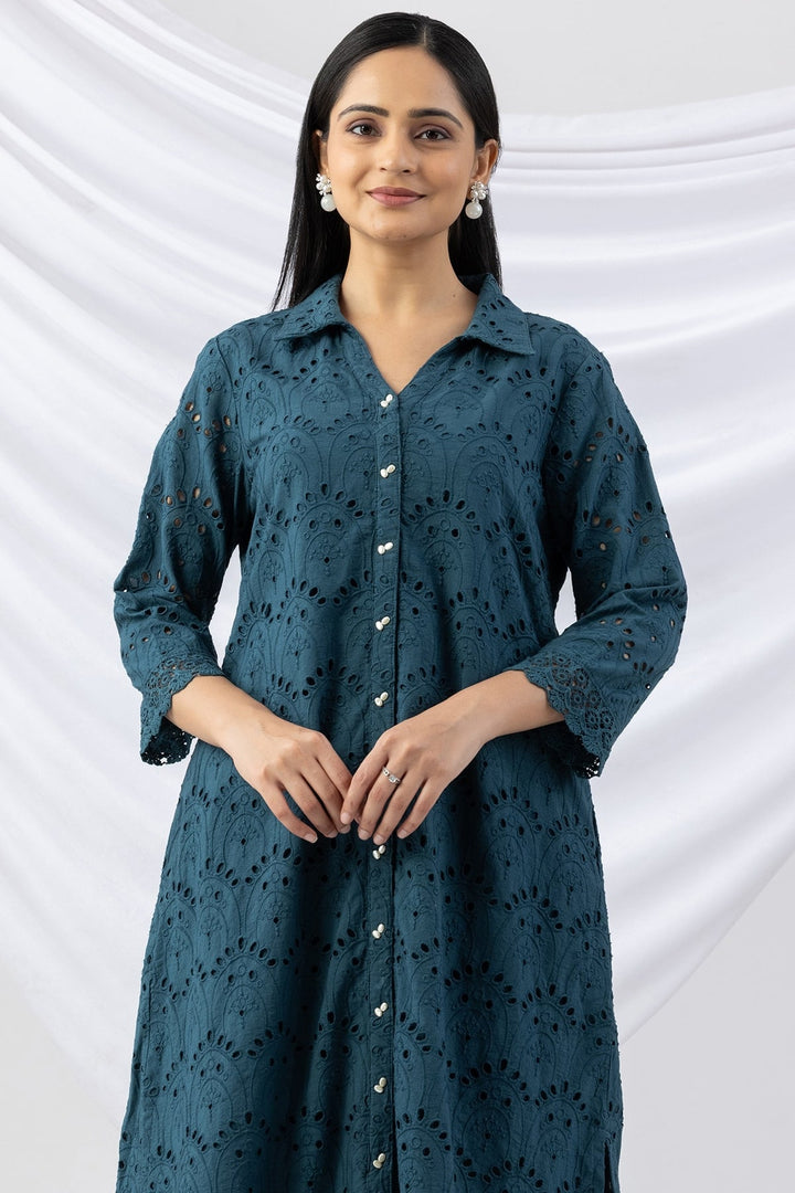 Teal Cotton Schiffli Dress with Collar &amp; 3/4th Sleeves