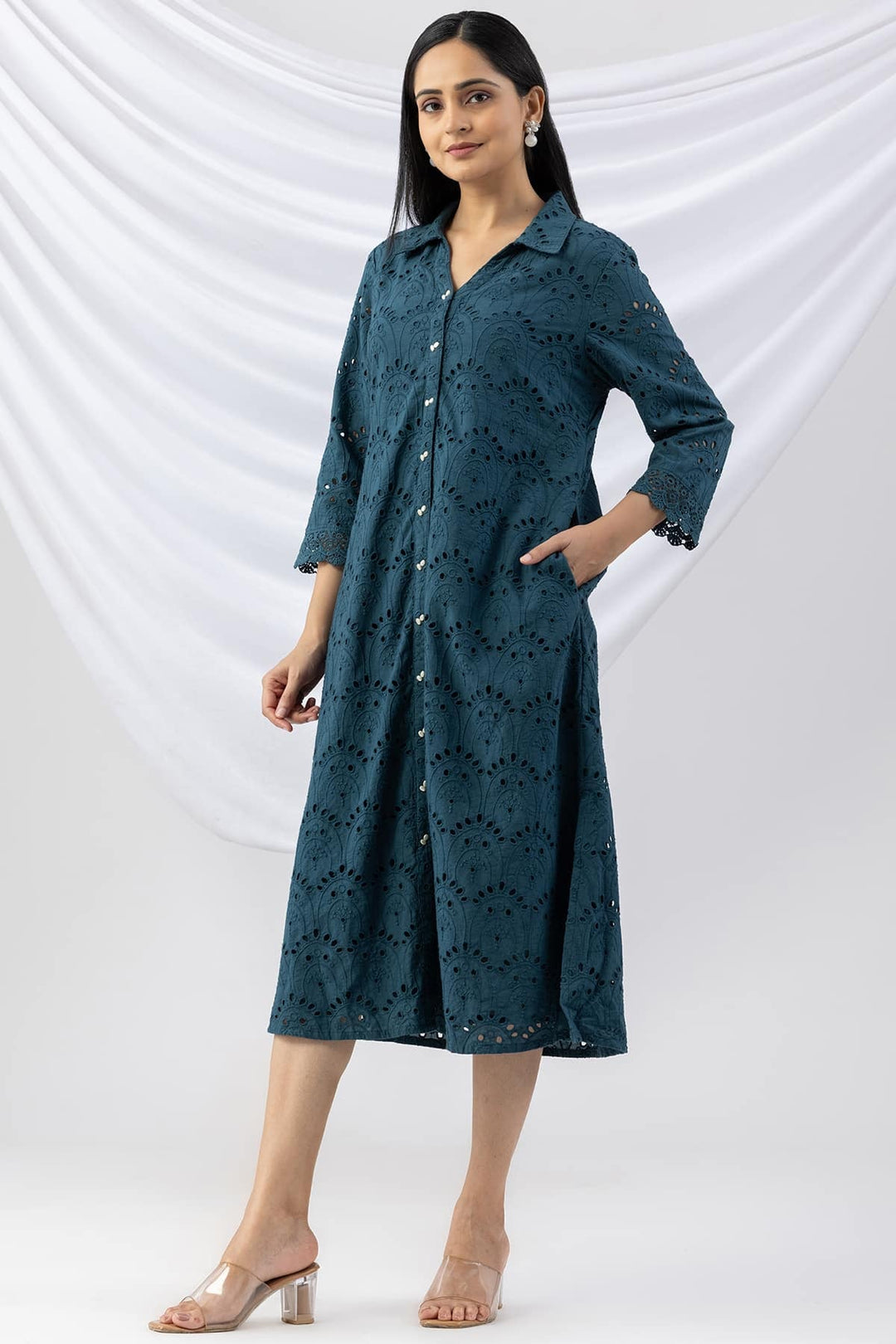Teal Cotton Schiffli Dress with Collar &amp; 3/4th Sleeves