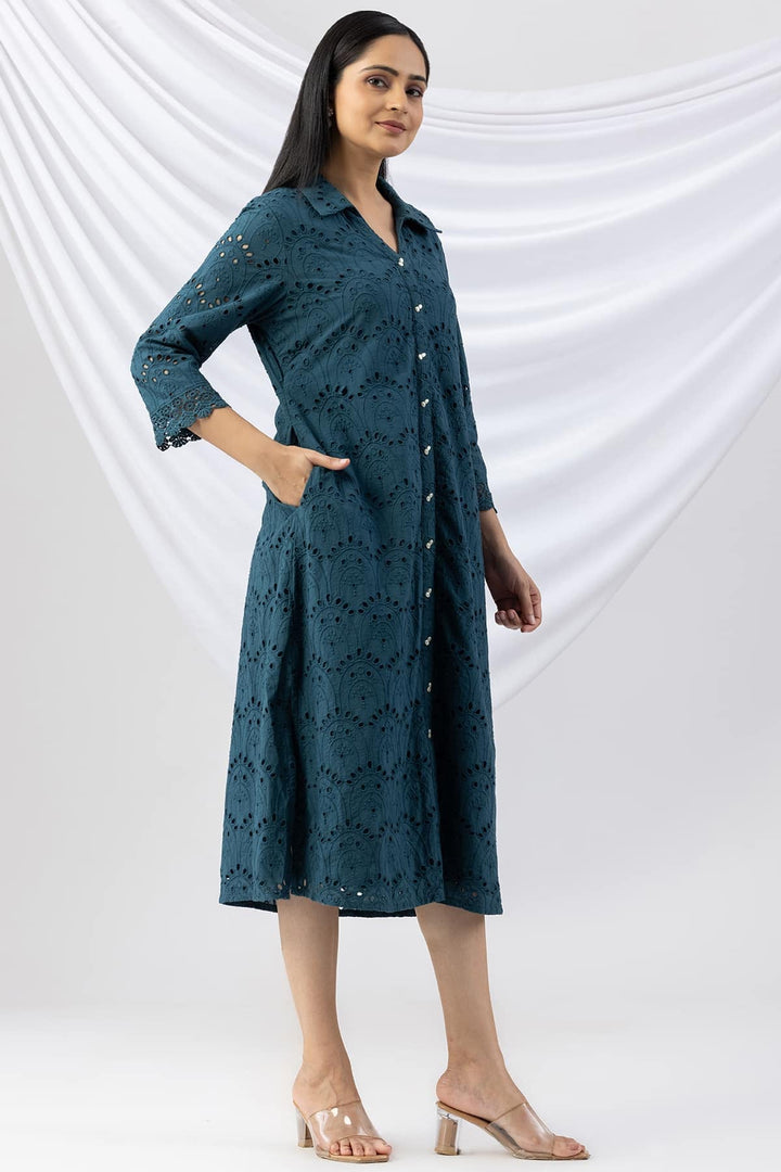 Teal Cotton Schiffli Dress with Collar &amp; 3/4th Sleeves