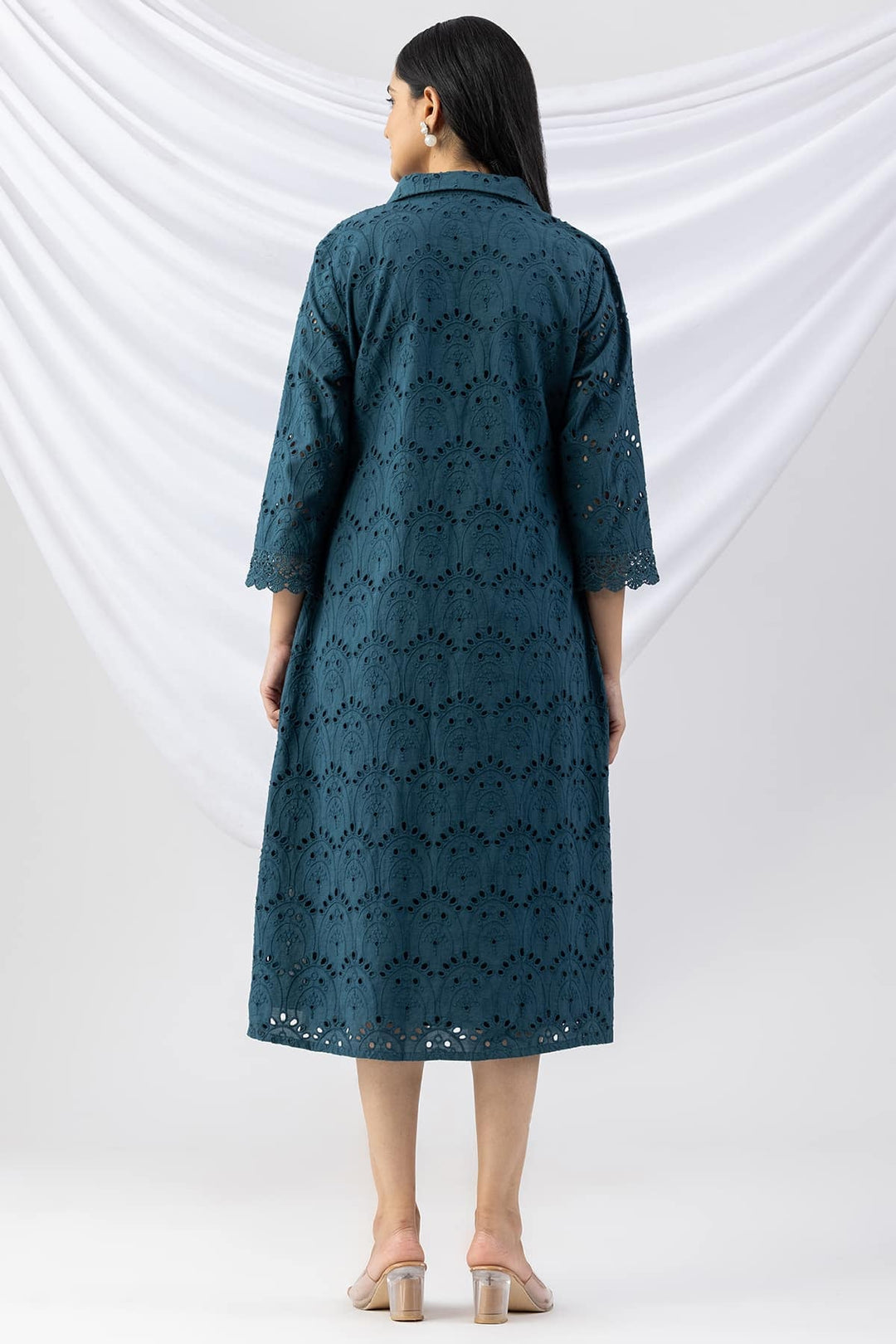 Teal Cotton Schiffli Dress with Collar &amp; 3/4th Sleeves