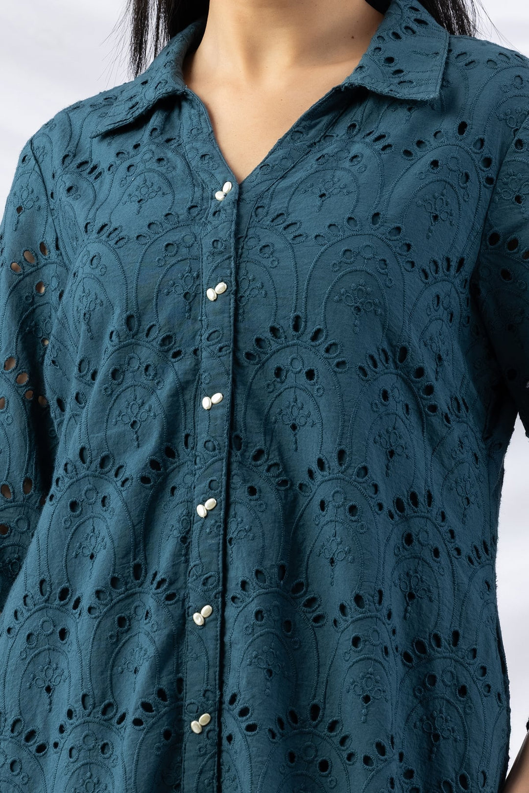 Teal Cotton Schiffli Dress with Collar &amp; 3/4th Sleeves