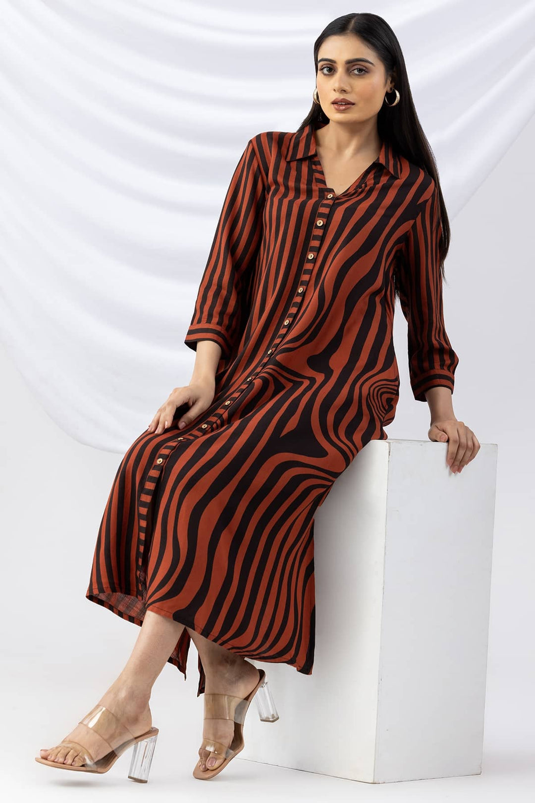 Brown &amp; Black Striped Viscose Slub Dress with Collar &amp; 3/4th Sleeves