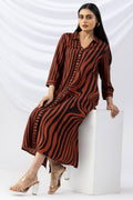 Brown & Black Striped Viscose Slub Dress with Collar & 3/4th Sleeves