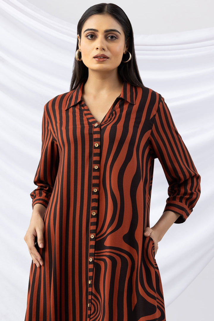 Brown &amp; Black Striped Viscose Slub Dress with Collar &amp; 3/4th Sleeves