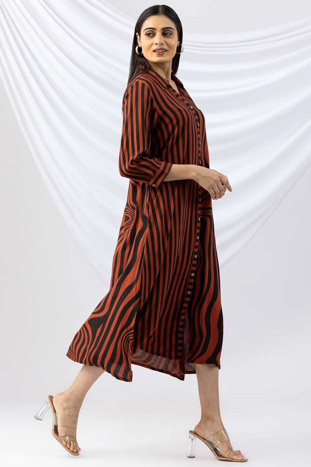 Brown &amp; Black Striped Viscose Slub Dress with Collar &amp; 3/4th Sleeves